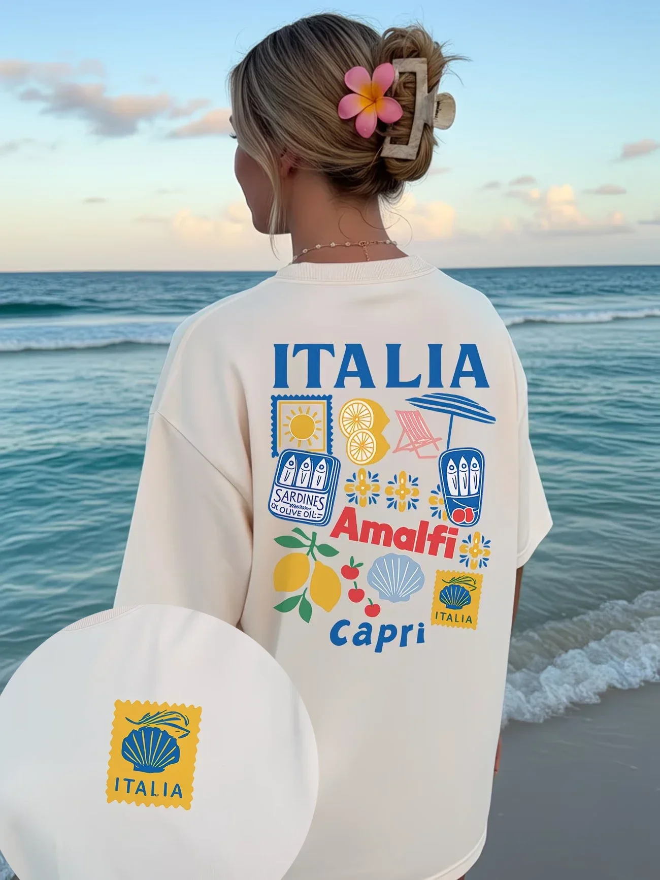 Retro Italia Collage Print T-Shirt Women Vintage Sardine Lemon Graphic Tee Harajuku Streetwear Short Sleeve Summer Loose Top