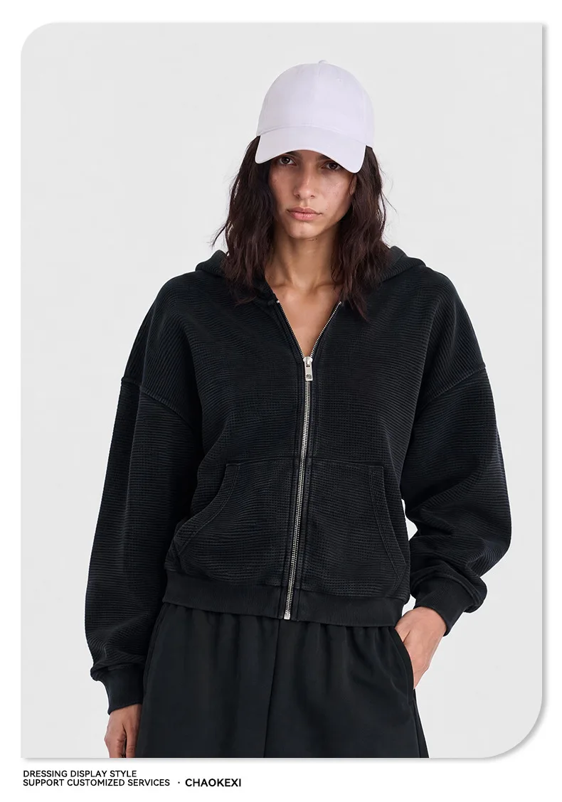 Waffle Knit Full Zip Hoodie for Men Vintage Washed Hooded Sweatshirt Casual Loose Cotton Kangaroo Pocket Streetwear Clothes