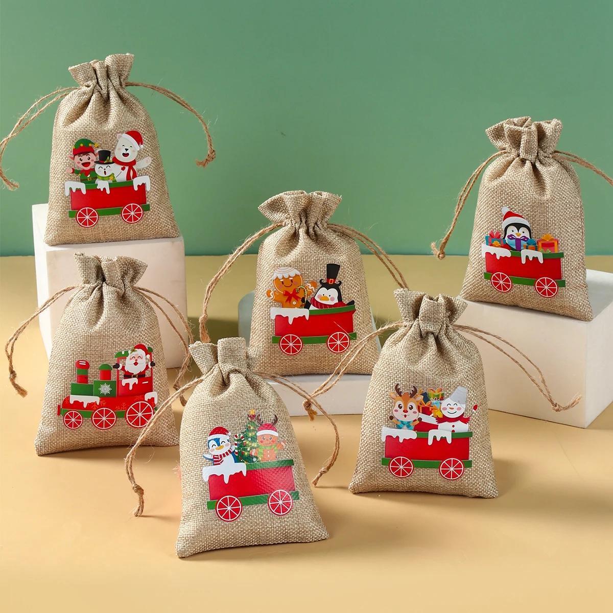 6Pcs Santa Claus Elk Bells Small Bear Drawstring Natural Burlap Bag Jute Gift Bag 10x15cm Cotton Linen Christmas Print Gift Bag