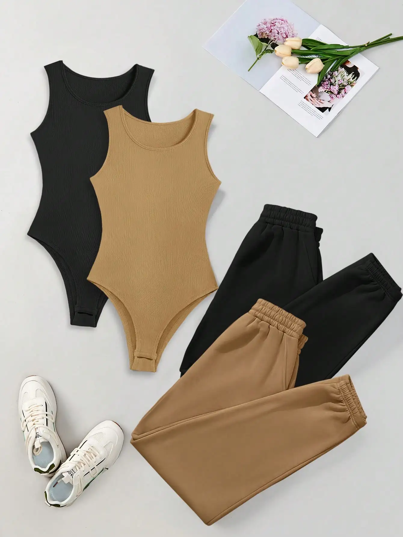 

2-Piece Women's Ribbed Tank Bodysuit and Jogger Pants Set