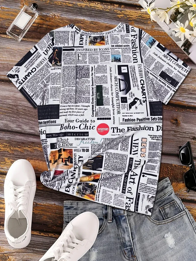 여성용 플러스 사이즈 3D 추상 신문 인쇄 라운드 넥 반팔 티셔츠, 루즈하고 캐주얼, 부드럽고 편안하며 통기성