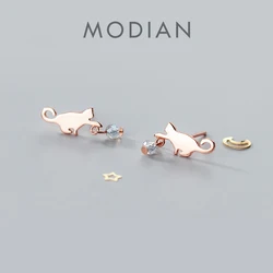 Modian 100% 925 Sterling Silver Cute Sweet Cat Stud Earrings Trendy Crystal Earrings for Women Fashion Silver Korean Jewelry