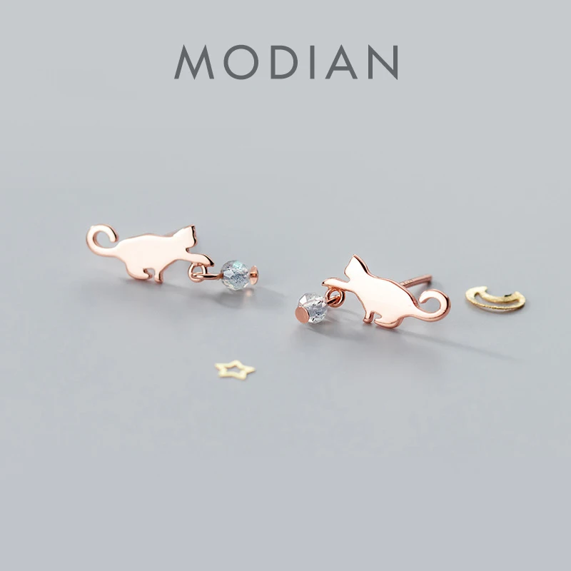 Modian 100% 925 srebro śliczny uroczy kot stadniny kolczyki Trendy kryształowe kolczyki dla kobiet moda srebrna koreańska biżuteria