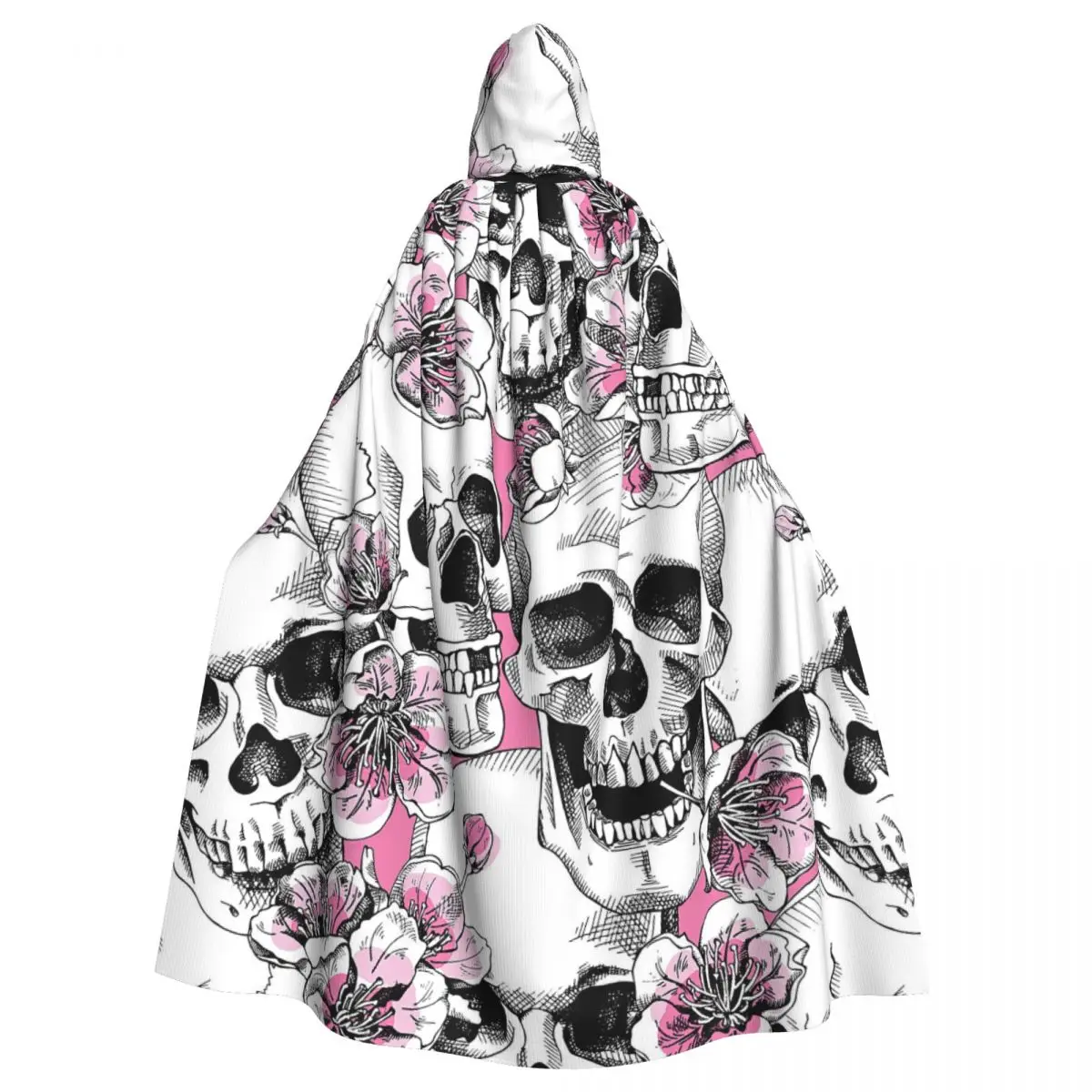 Picture A Skull And With Flowers Pink Cherries Hooded Cloak Halloween Party Cosplay Woman Men Adult Long Witchcraft Robe Hood