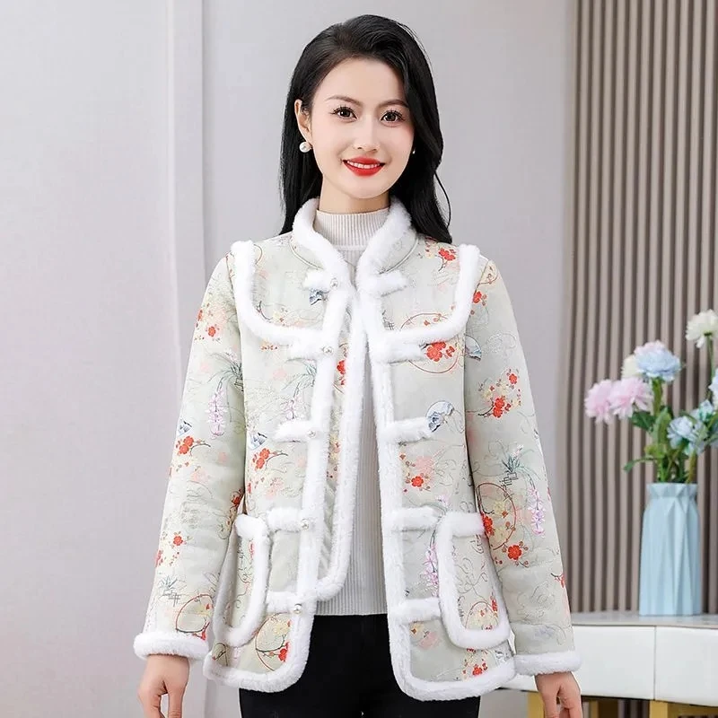 New Chinese Style Winter Plush Jacket Women Retro Ethnic Large Size Embroider Stand Collar Fleece Cotton Coat Outwear Ladies 6XL