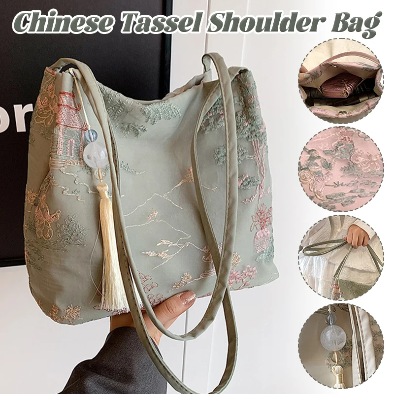 Chinese Style Hanfu Bag Jacquard Retro Tassel Pendant Bucket Single Shoulder Bag Inclined Shoulder Bag 2024 New Women's Bags