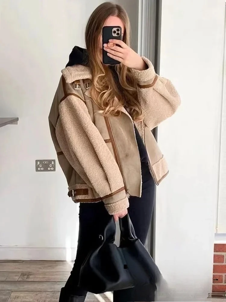 

KONDALA Vintage Casual Chic Loose Women Splice Jackets Long Sleeve Turn-down Collar Coat Belt Fashion 2024 Autumn Winter Outwear