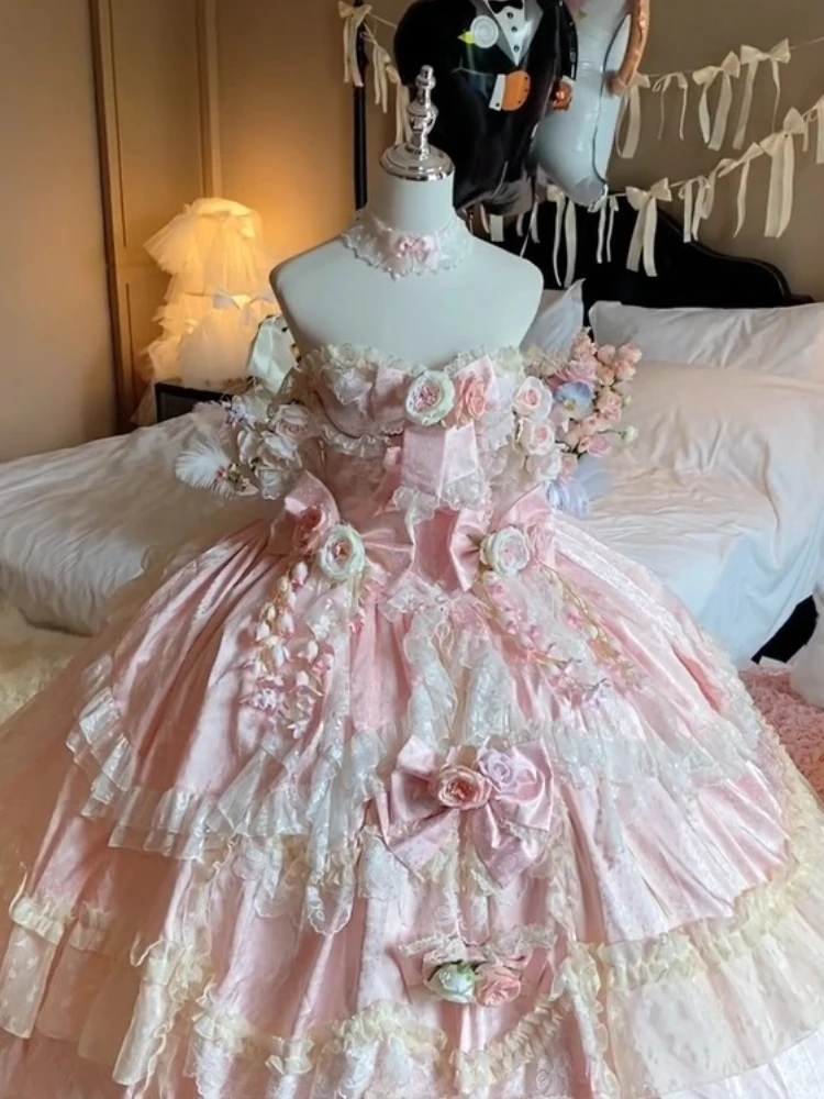 

Heavy Industry Elegant Princess Birthday Party Dresses Off-Shoulder 3D Flower Lace-Up Slim A-line Sweet Lolita Long Dress Women