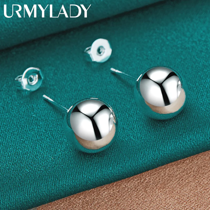 URMYLADY 925 Sterling Silver 8MM Bead Stud Earrings For Women Fashion Wedding Engagement Charm Jewelry