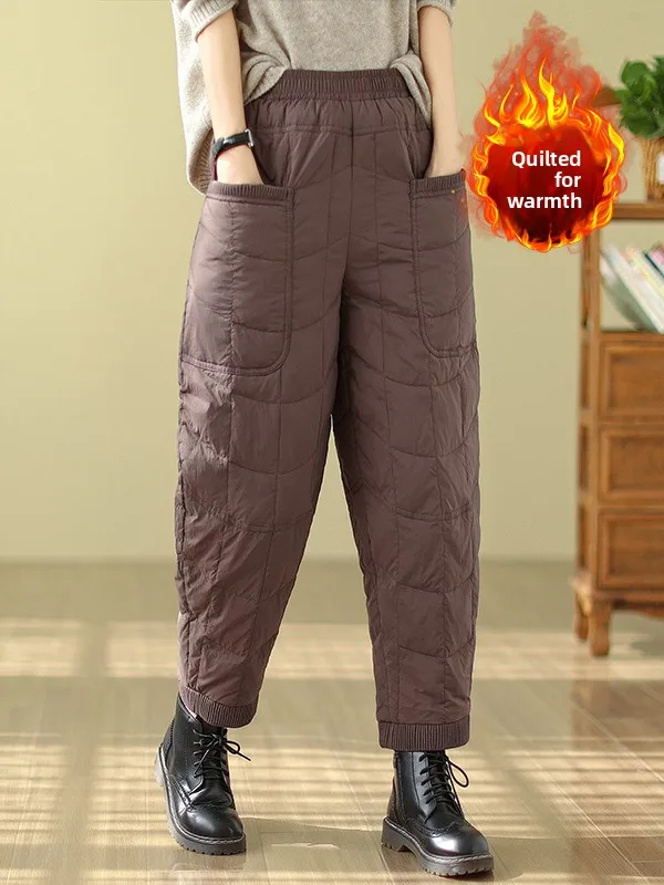 

Winter New Sle Pure Color Ribbed Splicing Cotton Pants Large Size Women's Warm Casual Loose Harlan Trousers