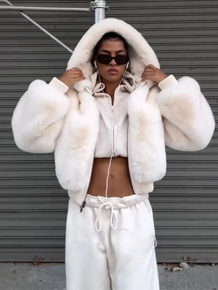 

Stylish Hooded Faux Fur Women Short Coat Fluffy Solid Zippers Long Sleeve Female Jacket 2025 Autumn Winter Fashion Lady Outwears
