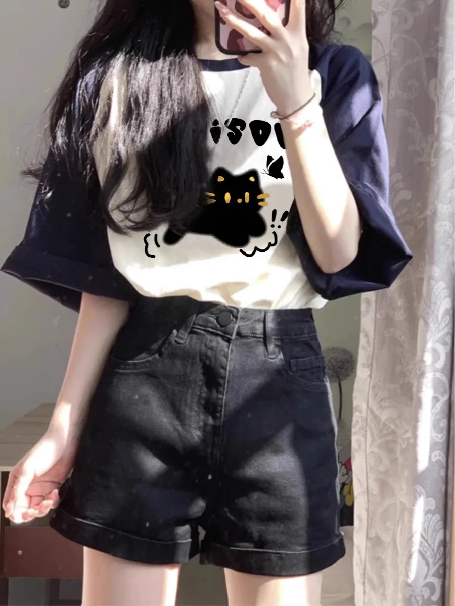

Summer Dopaamine Short Sleeve Women's Oversize T-Shirt Shoulder Insert Design Loose Fit Slimming Top Korean Style Cotton Crew...