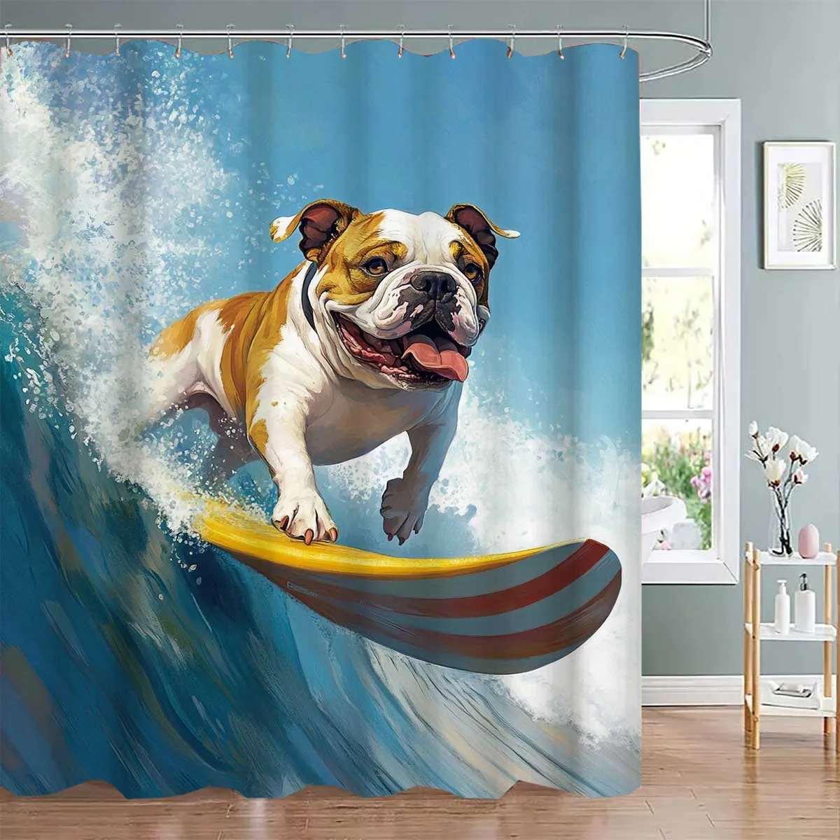 

1 шт. занавеска для душа с милой собакой для серфинга в море - с 12 крючками, можно стирать в машине, подходит для декора ванной комнаты и дома