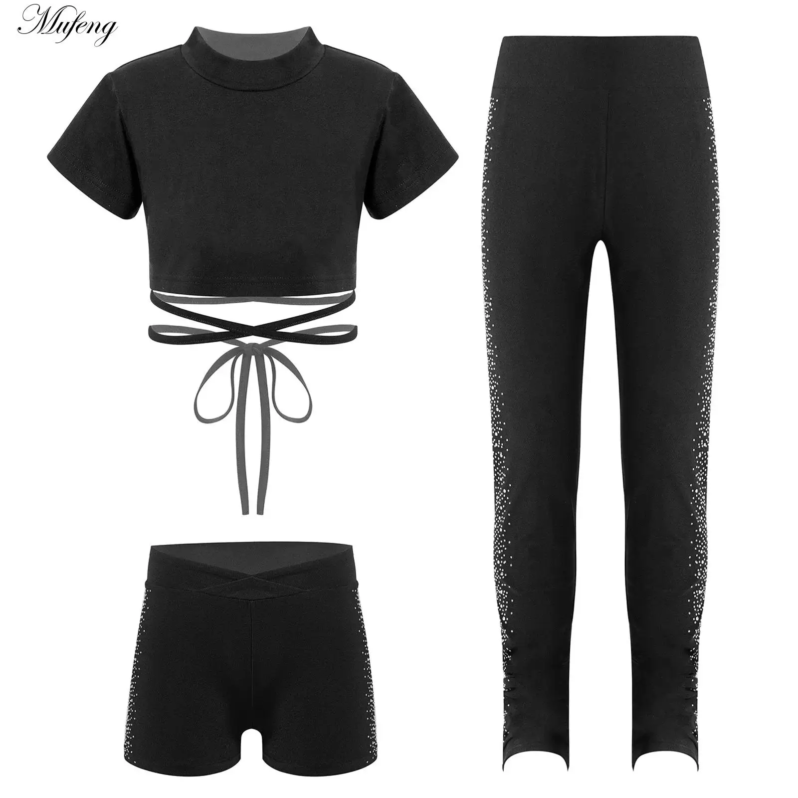 Girls Hip-Hop Dance Costume Figure Skating Costumes Short Sleeve Lace-Up Crop Top with Rhinestones Shorts Pants Gymnastics Wear