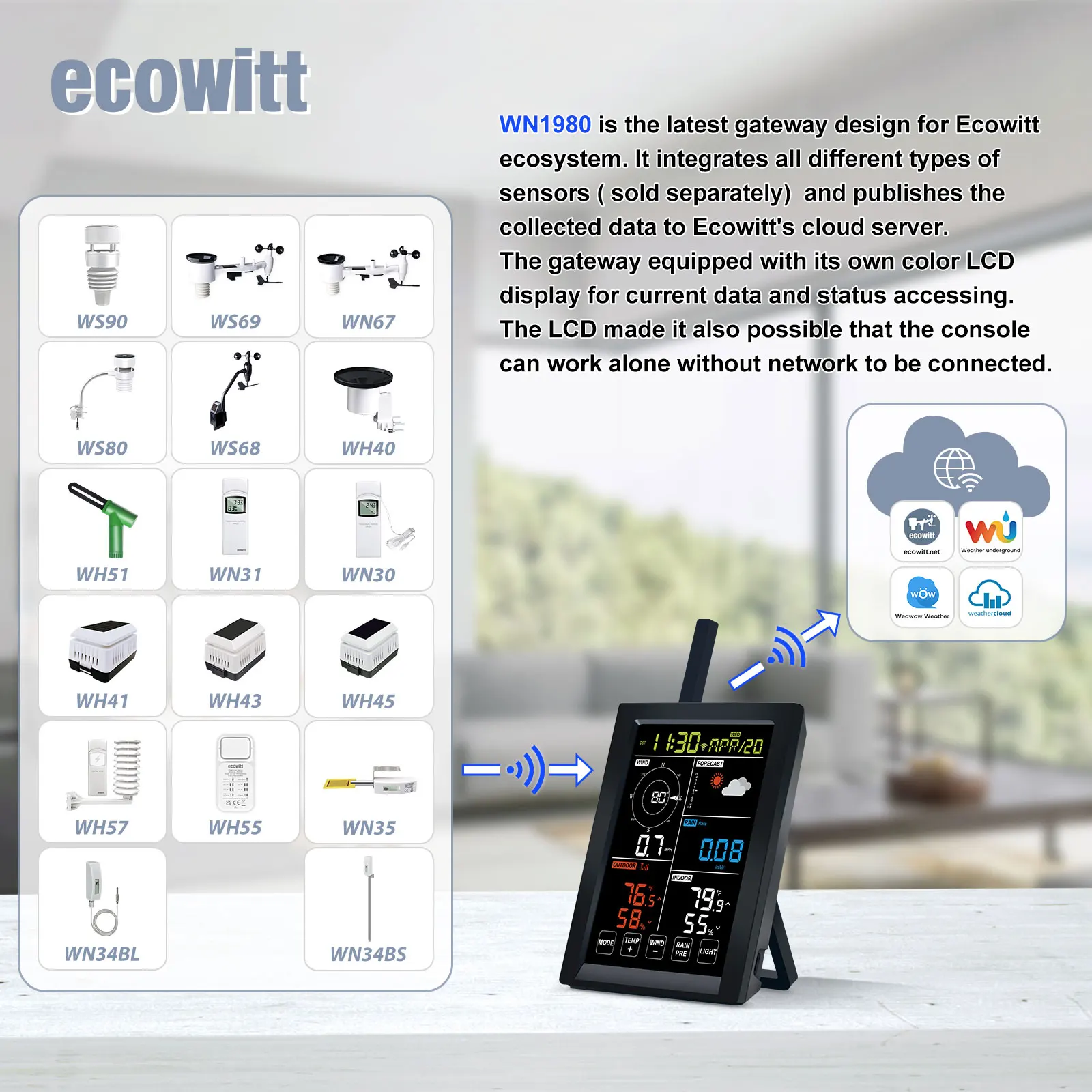 Ecowitt WN1980_C Weather Station Display Console Receiver WLAN Gateway, Self-contained Barometric Temperature Humidity