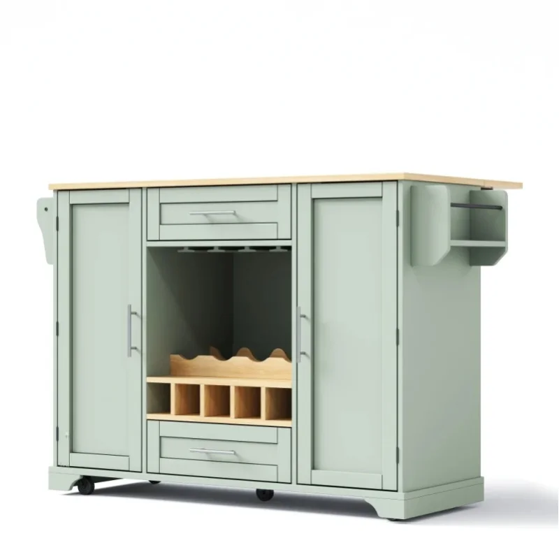 Multifunktionaler Rollbarer Kücheninselwagen mit Klappbarer Arbeitsfläche, Servierwagen mit Weinregal, Glashalter, Gewürzregal, Handtuchhalter, Grün, Größe 120cm Länge 45cm Breite Erweiterbar auf 70cm