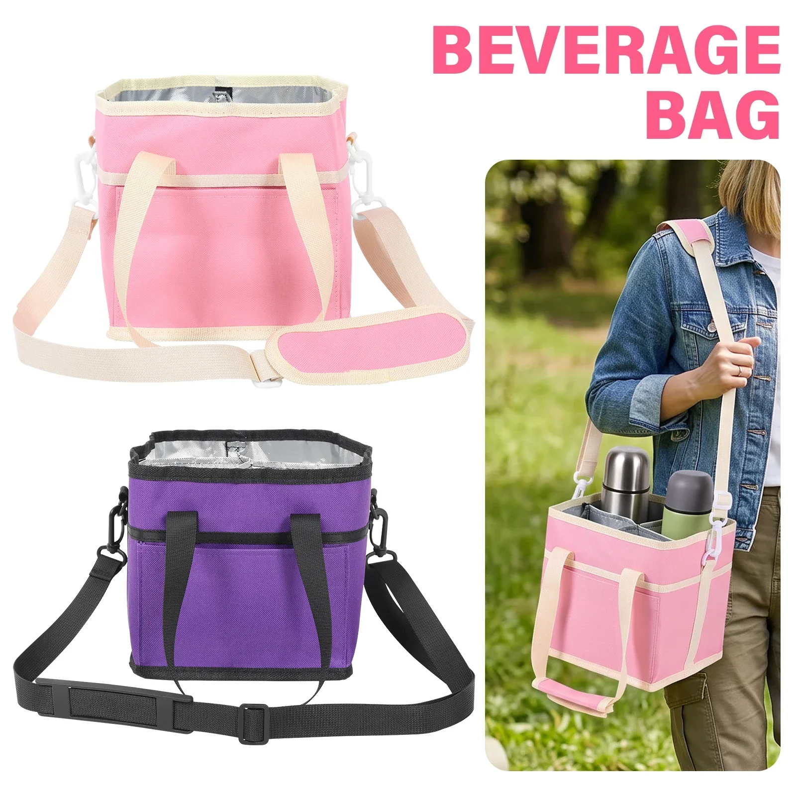 4 Cup Insulated Bag 600D Oxford Cloth Beverage Tote Bag with Front Pocket & Detachable Shoulder Strap Water Bottle Mug Tote Bag