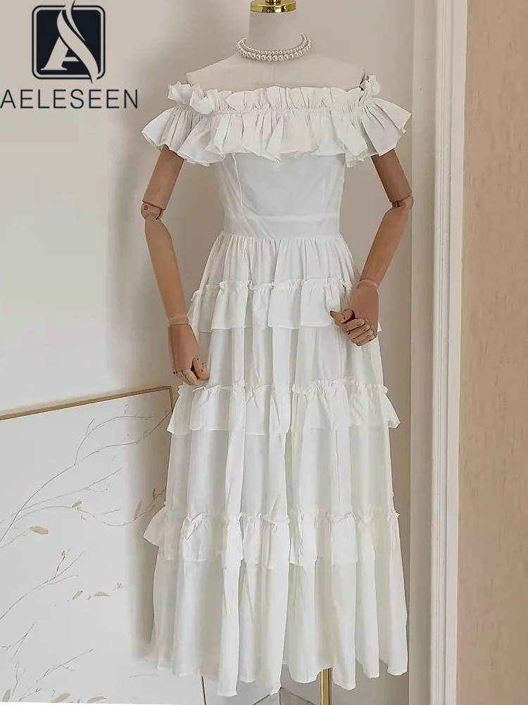 

AELESEEN Designer Fashion Summer Dress Women Slash Neck White Yellow Rose Red Ruffles Patchwork Elegant Long Party Holiday