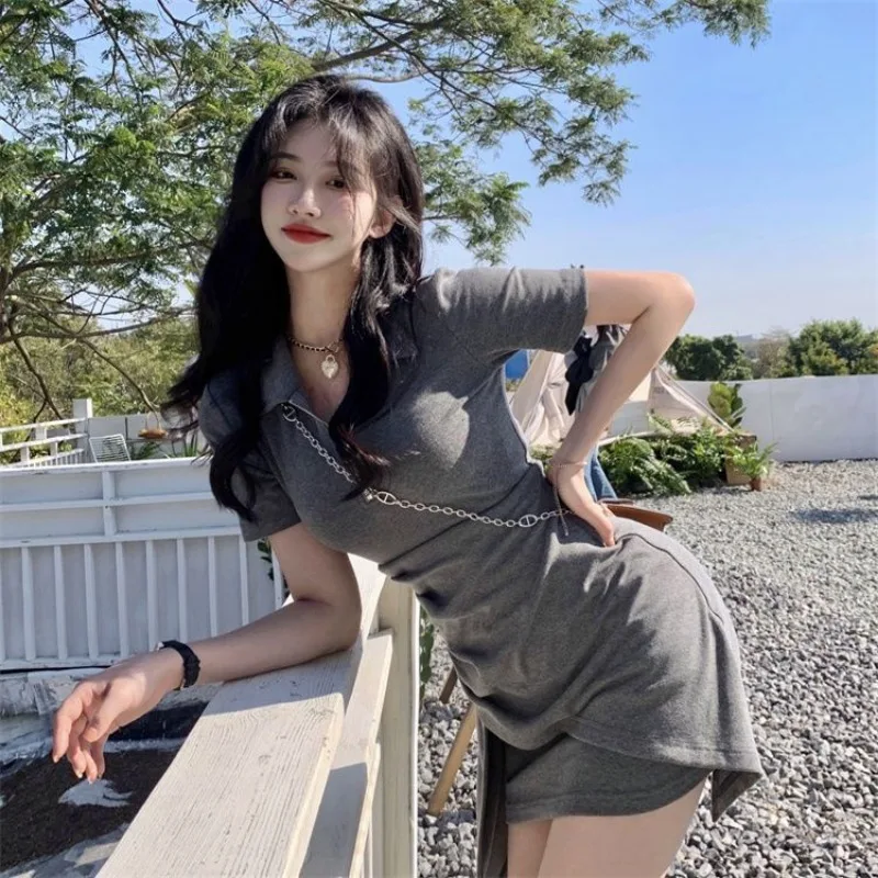 Baddie Style Polo Collar Asymmetric Mini Dress Summer Fall Figure-Flattering A-Line Short Dress Polo Collar Trendy Bodycon Dress