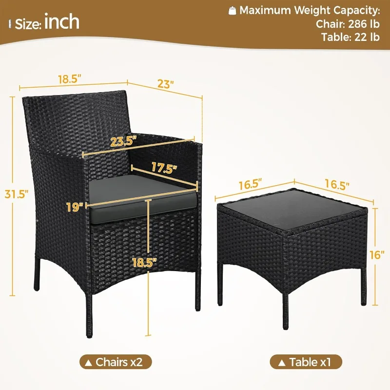 3 Pieces Patio Porch Furniture Set, Outdoor PE Rattan Wicker Conversation Set With Soft Cushions, Glass Coffee Table &