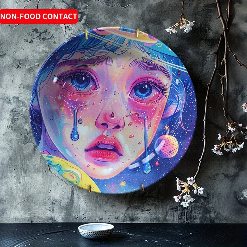 1pc Vintage Art Ceramic Decorative Plate - Hand-Painted Portrait of Woman with Cosmic Background, Non-Food Contact Home Wall