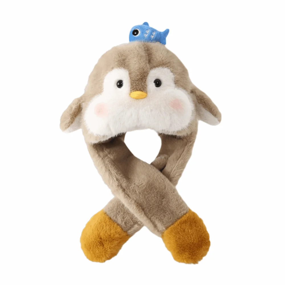 

Fluffy Kids Ear Protection Cap Fleece Lined Windproof Penguin Ear Moving Hat Thickened Warm Cartoon Penguin Hat Outdoor Sport