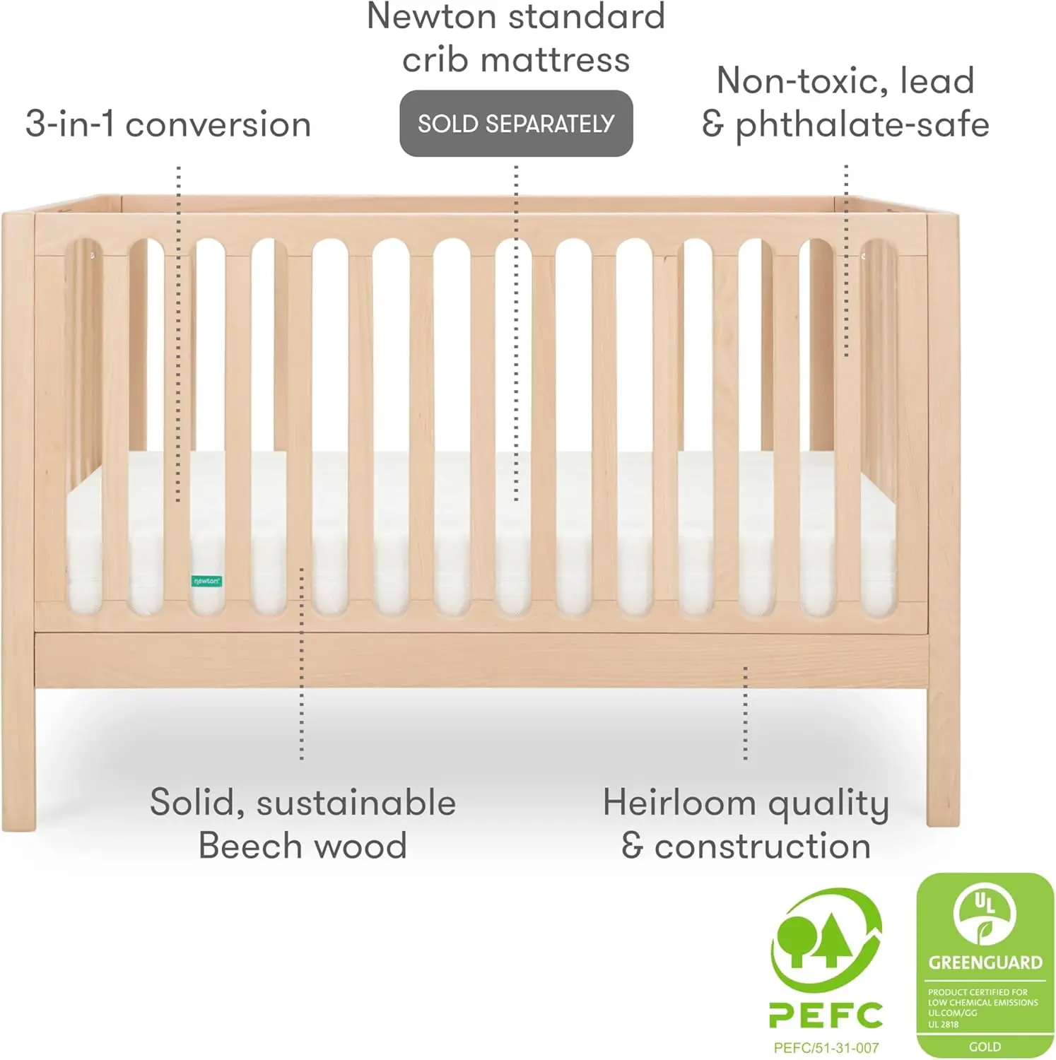 سرير نيوتن بيبي غاليليو القياسي، خشب زان صلب بلون طبيعي، سرير قابل للتحويل 3 في 1 مع مجموعة تحويل سرير الأطفال الصغار