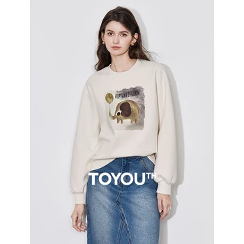 TOYOUTH เสื้อกันหนาวมีฮู้ดผู้หญิง 2024 ฤดูใบไม้ร่วงใหม่ช้างพิมพ์รอบคอเสื้อสวมหัวอเนกประสงค์