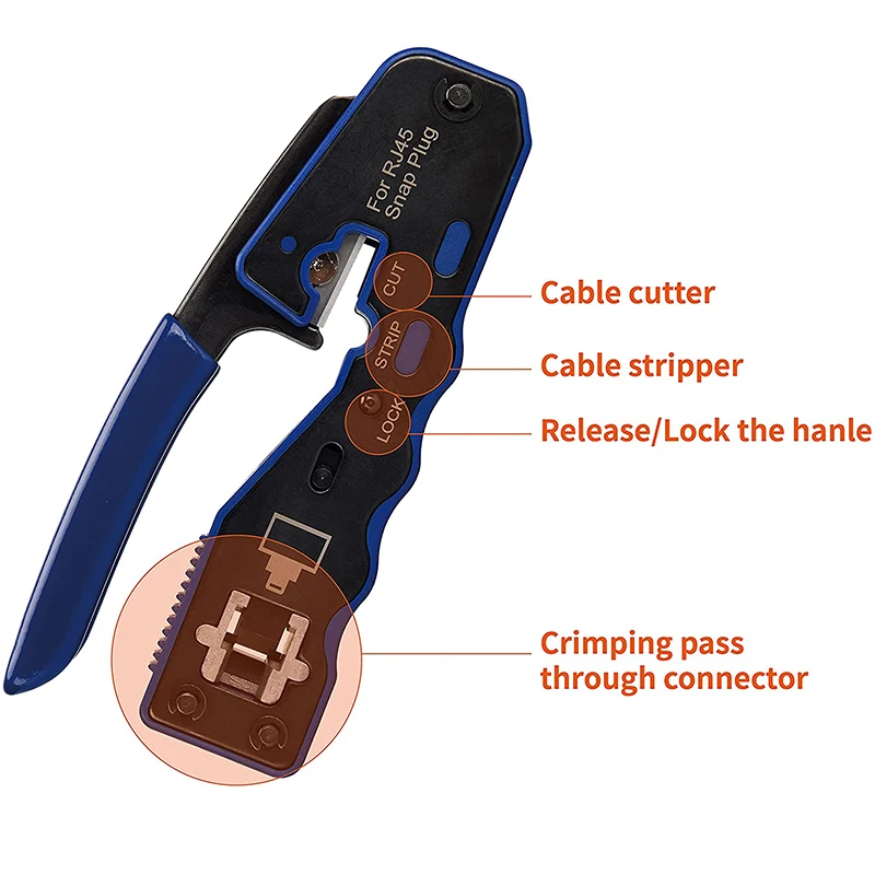 Network RJ45 Crimping Tool Wire Stripper Cutter for Cat6 Cat5 Cat5e 8P8C Pass Through Modular Connectors All-in-One Crimper Tool