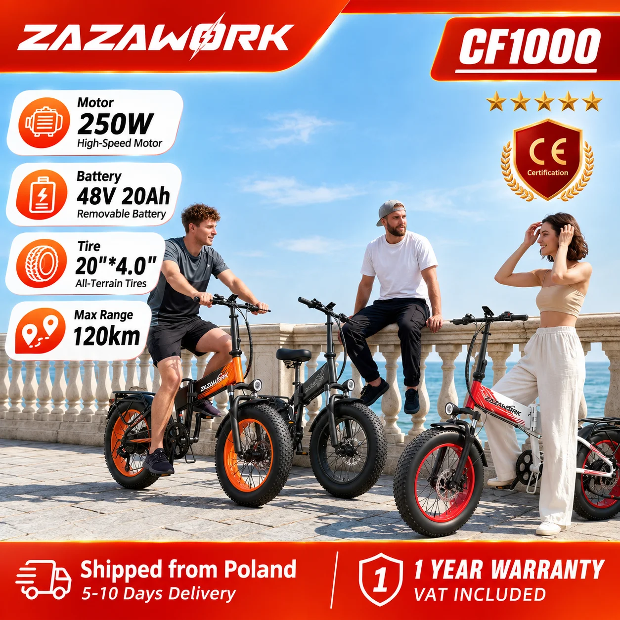 ZAZAWORK CF1000 Bicicletta Elettrica Pieghevole con Pneumatici Larghi da 20" Motore da 1000W Batteria Rimovibile da 48V 20Ah Doppia Sospensione Freni a Disco Idraulici a 7 Velocità Autonomia Fino a