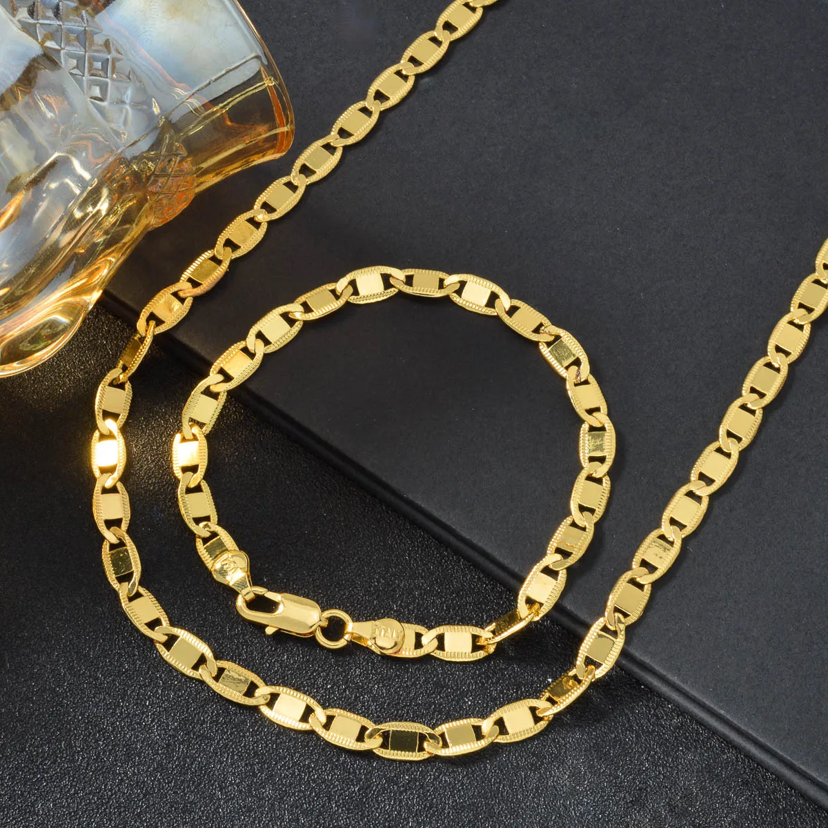 18K Gold Plated Thin Rectangle Link Necklace Bracelet Set 750 Italian Chain Jewelry Set Hip Hop Daily Unisex Jewerly Accessory