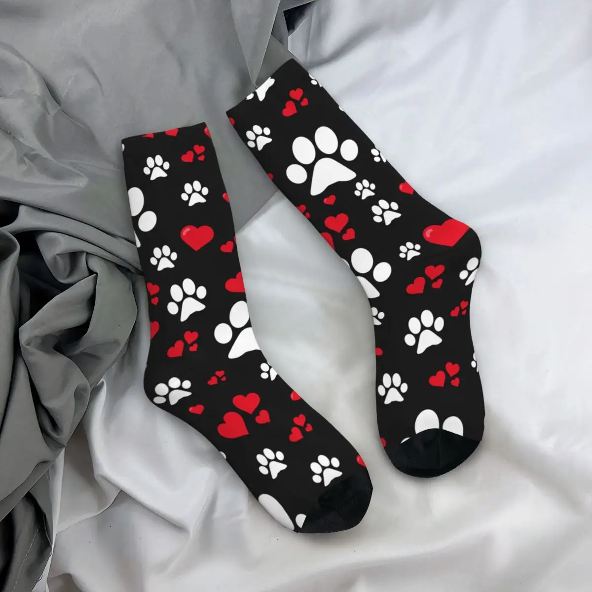 Harajuku DOG PAW WITH HEARTS OF LOVE Football Socks Polyester Crew Socks for Women Men Non-slip