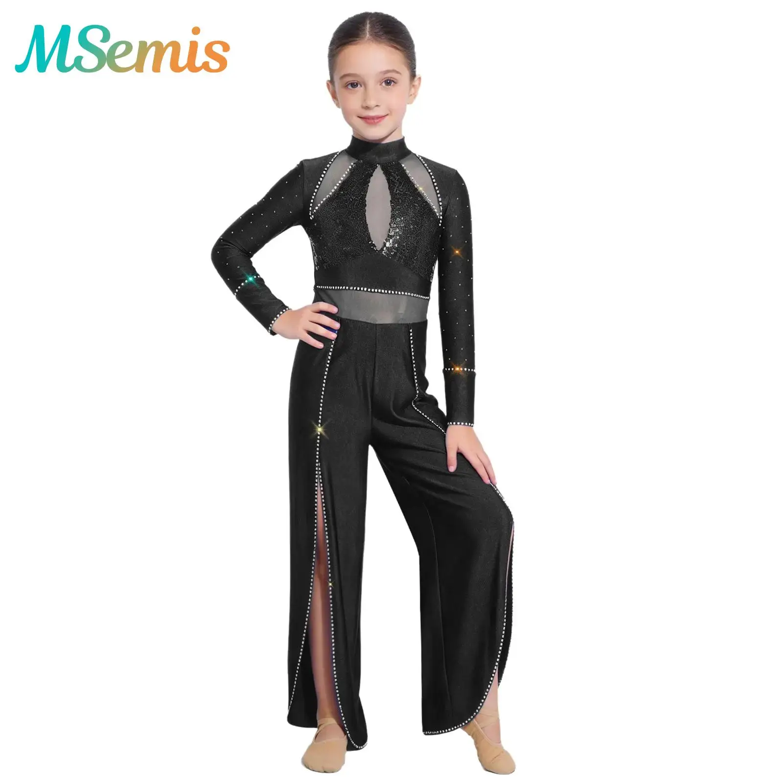 

Kids Girls Sequin Rhinestone Long Sleeve Ballet Dance Unitards Jumpsuit Back Invisible Zipper Split Bodysuit Performance Costume