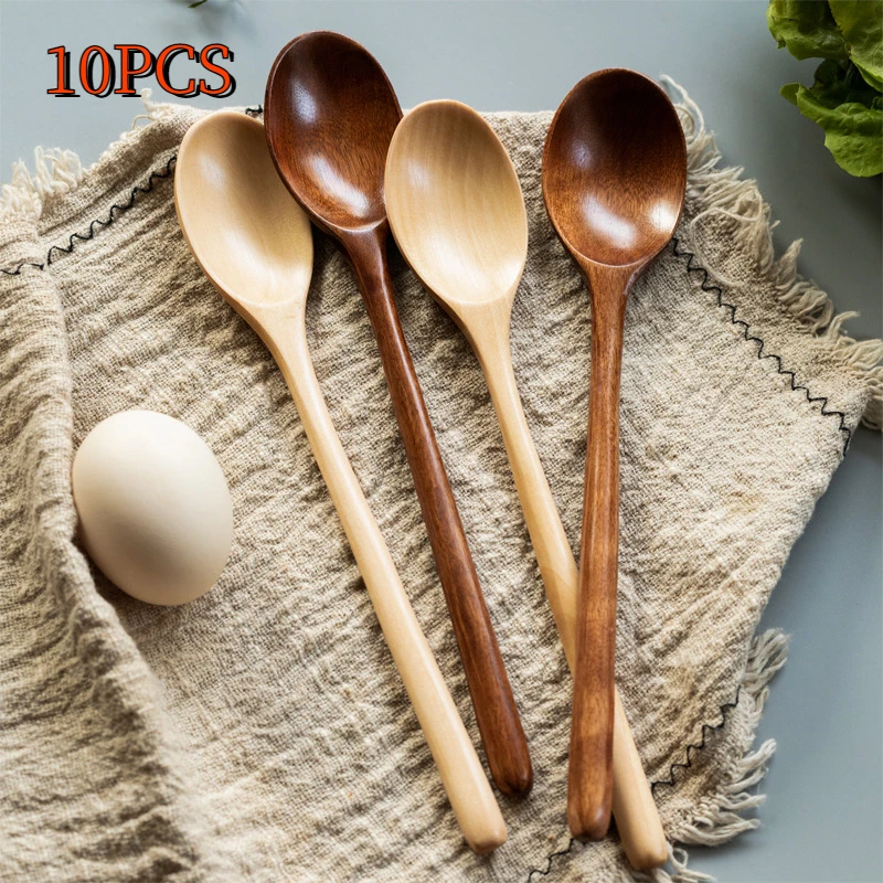 

10Pieces Natural Ellipse Ladle Tableware Set Mixing Wooden Spoon Soup Fork Knife Chopsticks Products for Cooking