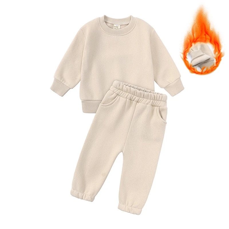 Gender-Neutral Baby Fall/Winter Fleece Set: Solid Crewneck Sweatshirt & Pants – Warm Kids' Casual Activewear for Christmas
