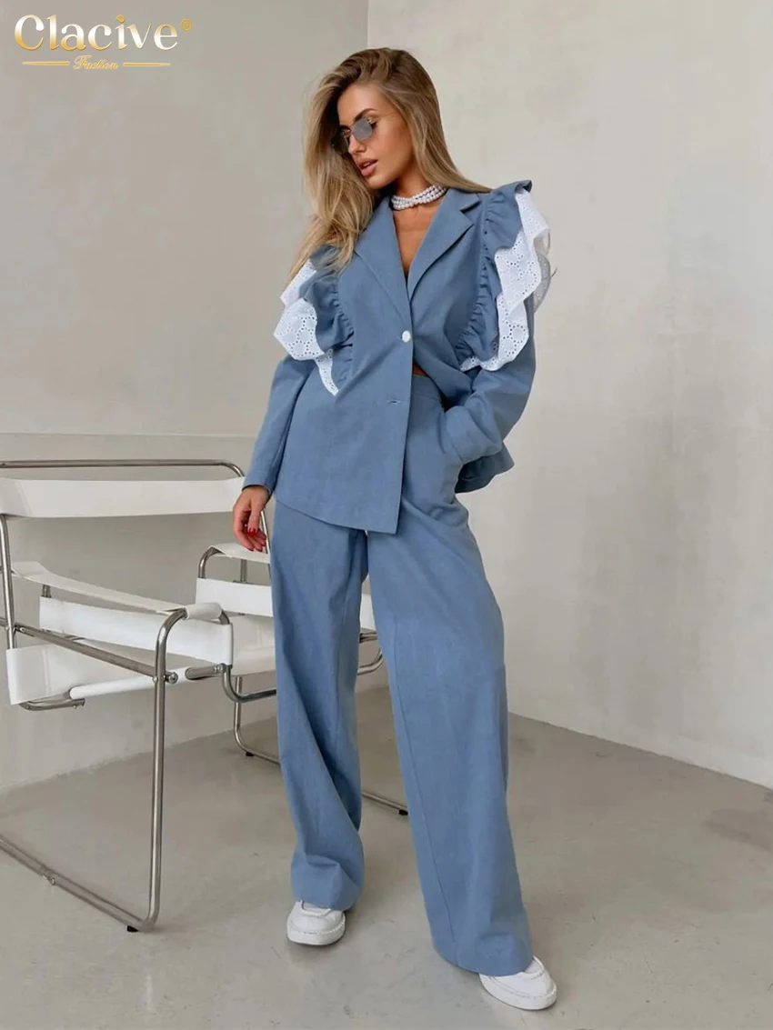 Clacive Fashion Loose Blue Denim 2 Piece Sets Women Outfit 2024 Elegant Long Sleeve Shirt With High Waist Wide Pants Set Female