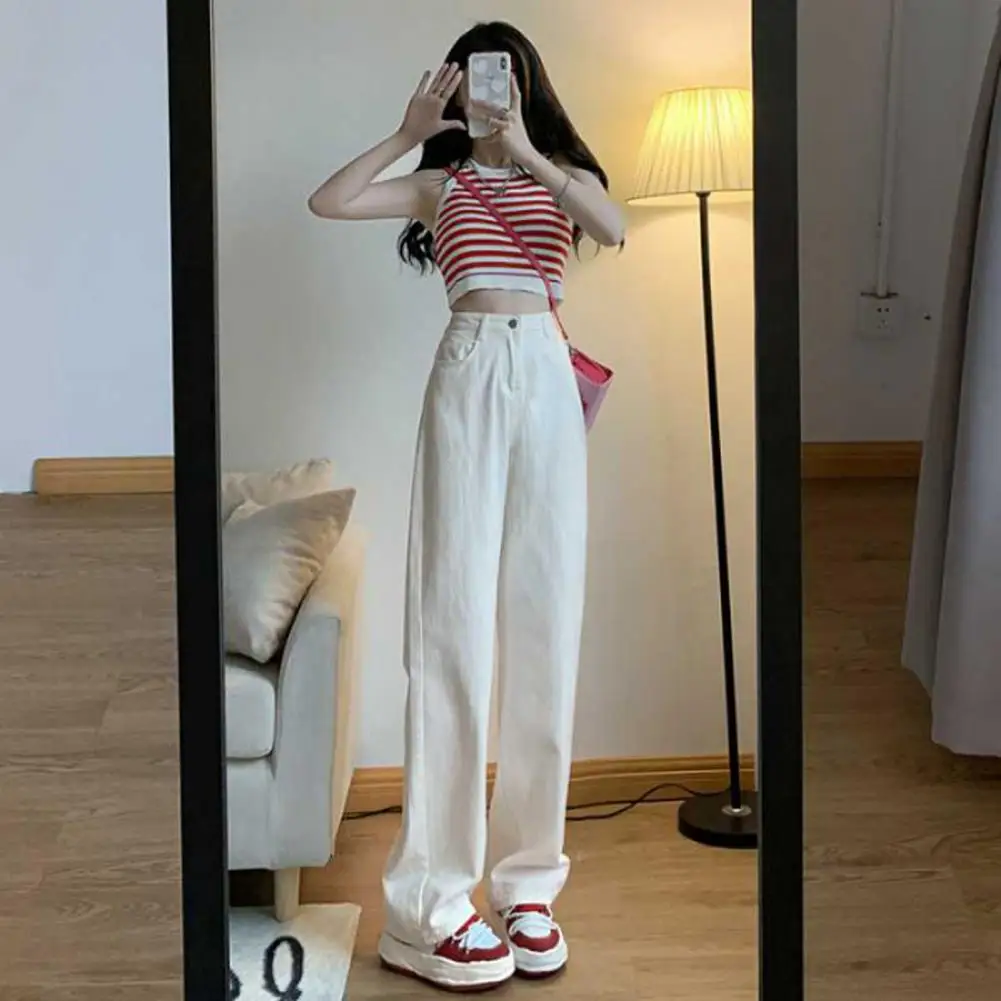 

Button Zipper Closure Jeans High-waisted Jeans Trendy Women's High Waist Wide Leg Jeans with Multiple Pockets Stylish for Casual