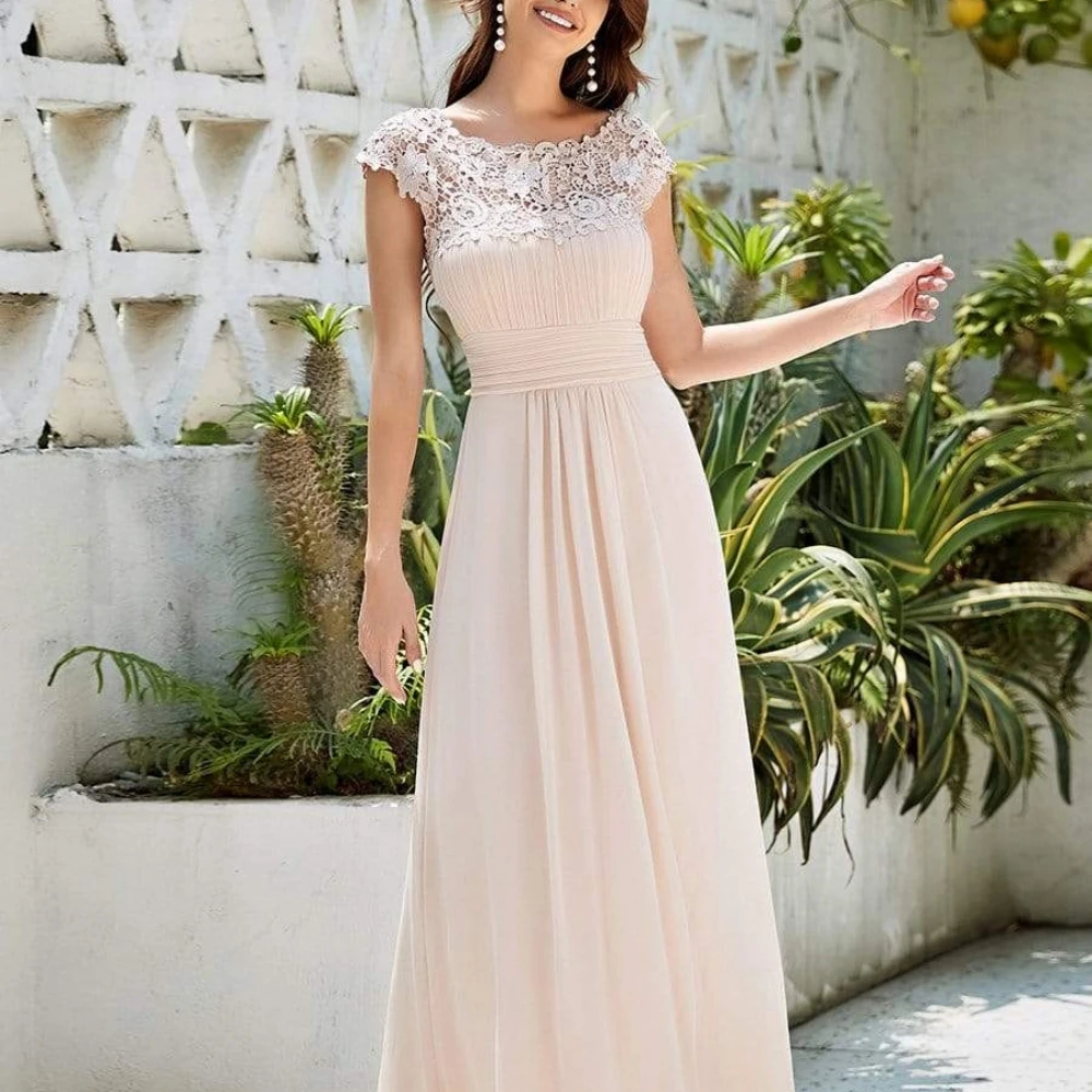 Elegante vestido formal de uma linha para mulheres, vestido feminino com o pescoço, comprimento do chão, mangas, renda chiffon, vestes para mãe