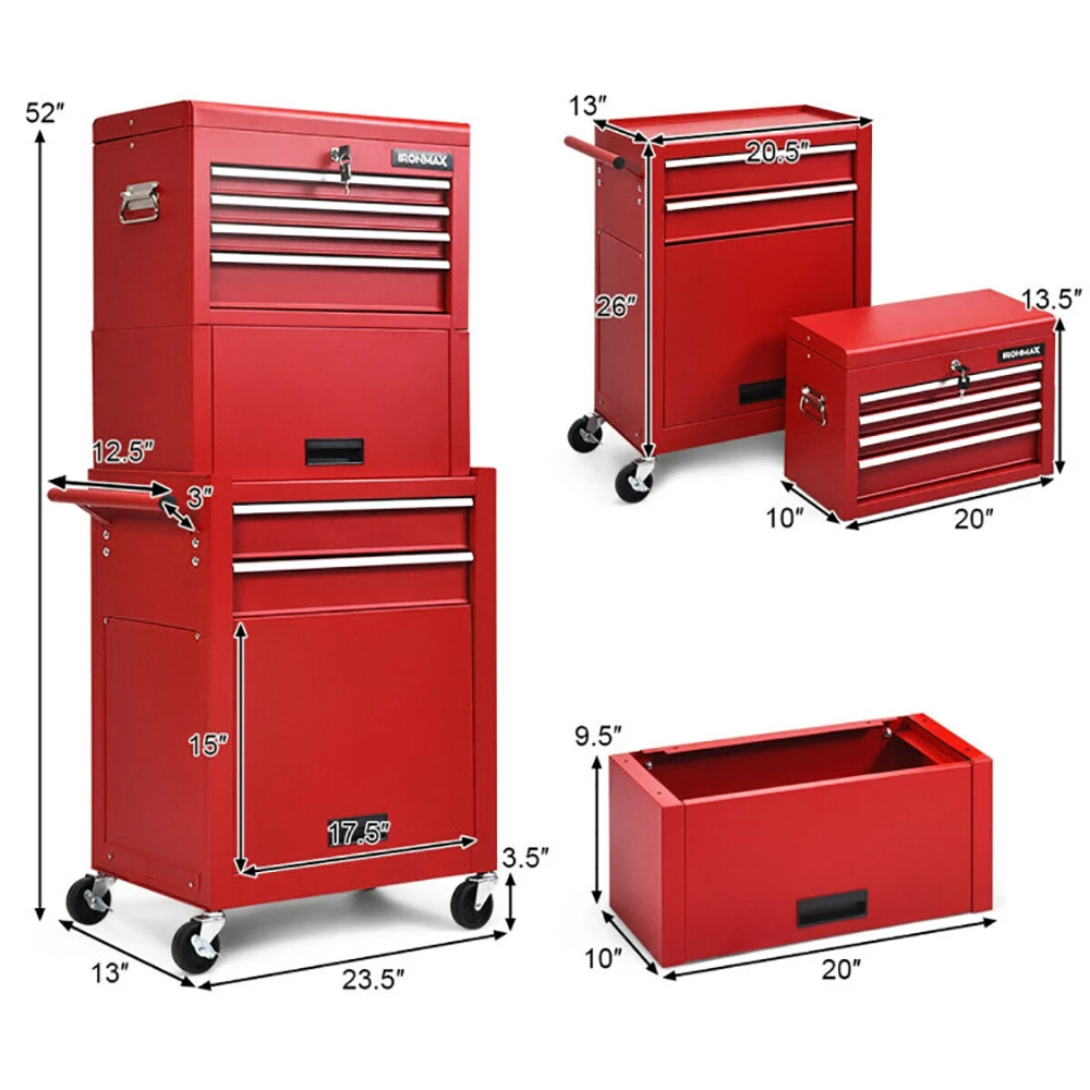 2-in-1 Rolling Tool Chest with 5 Sliding Lockable Drawers Wheels & Sliding Drawers & Detachable Top & Adjustable Shelf