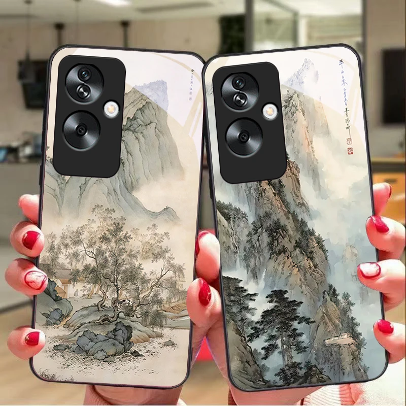 Mountain forest For Oppo A79 5G 58 78 74 60 4G Reno 11F Realme GT 6 11 Note 50 10 C55 X2 Tempered glass black phone case