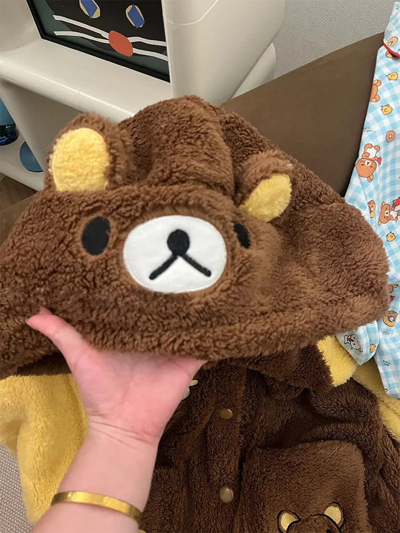 

Утолщенные пижамы Rilakkuma с капюшоном, женская зимняя одежда для сна, комплект домашней одежды для пар, плюшевая милая игрушка с персонажем мультфильма