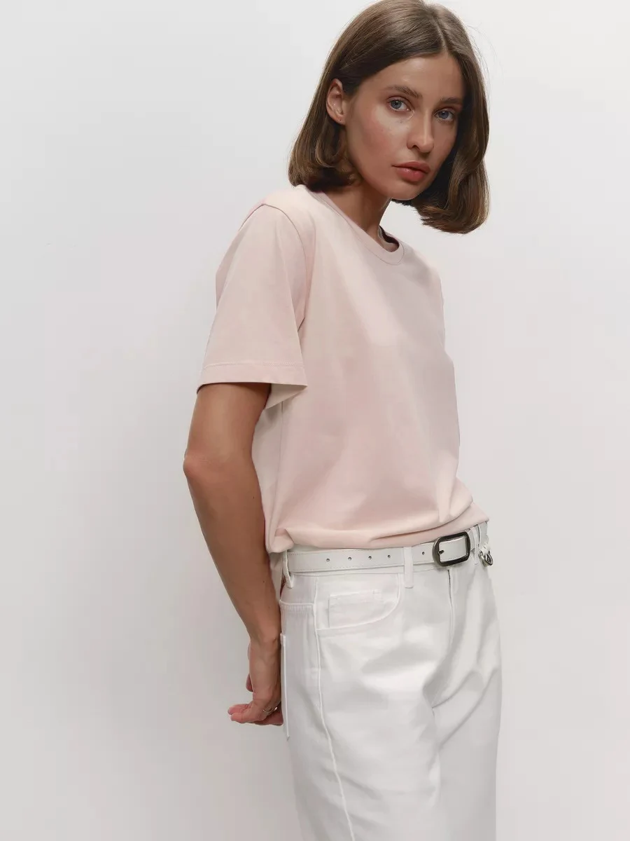 Bornladies Sommer 100% Baumwolle Damen T-Shirt Basic Modisches Damen Kurzarm Lose Oberteile Shirts Einfarbig 230g/ ㎡ Oberteile – Detail 13