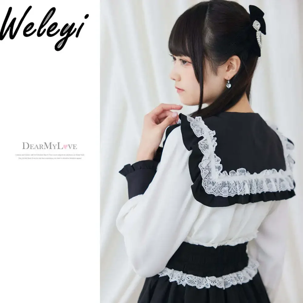 New Japanese Style Sweet Top Student Wear Lolita Sweet Long Sleeve Shirts Cute Girl Bow Love Diamond Lace Edge Shirt for Women