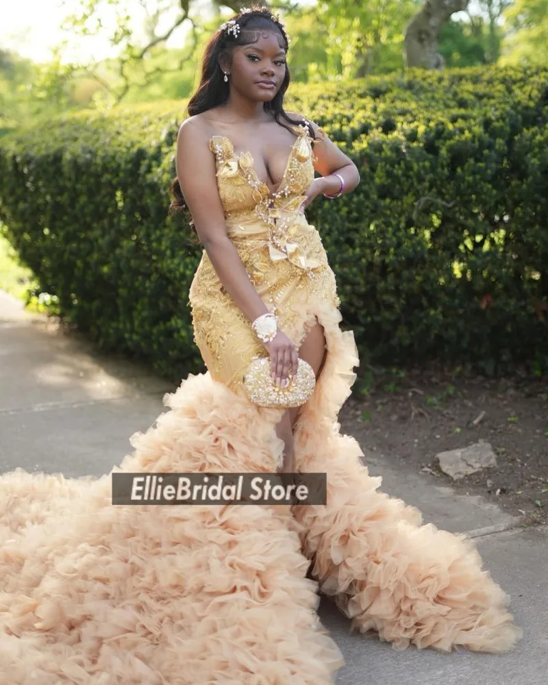 セクシーなゴールドウエディングドレス黒人女の子のための 2025 アップリケロングマーメイドパーティードレスフリルアフリカのイブニングドレスカスタマイズ