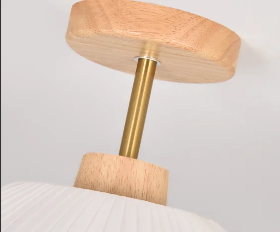 Cream Fabric Lotus Leaf Ceiling Light, Wood Base