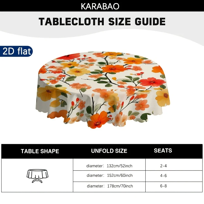 One orange-yellow floral-patterned round tablecloth, perfectly enhancing your dining table and home environment.