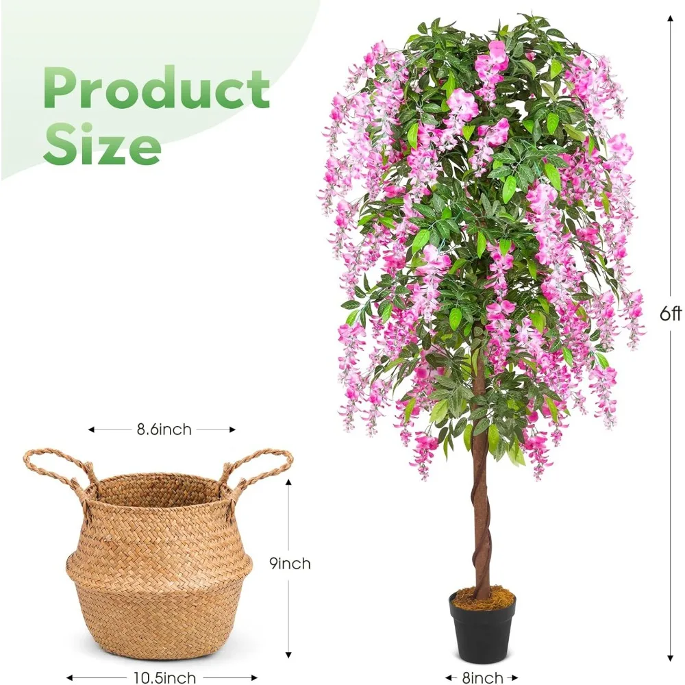 نباتات شجرة اصطناعية بطول 6 أقدام، شجرة الوستارية المزيفة مع سلة منسوجة من الأعشاب البحرية لديكور المنزل الداخلي والخارجي والمكتب وغرفة المعيشة والشرفة