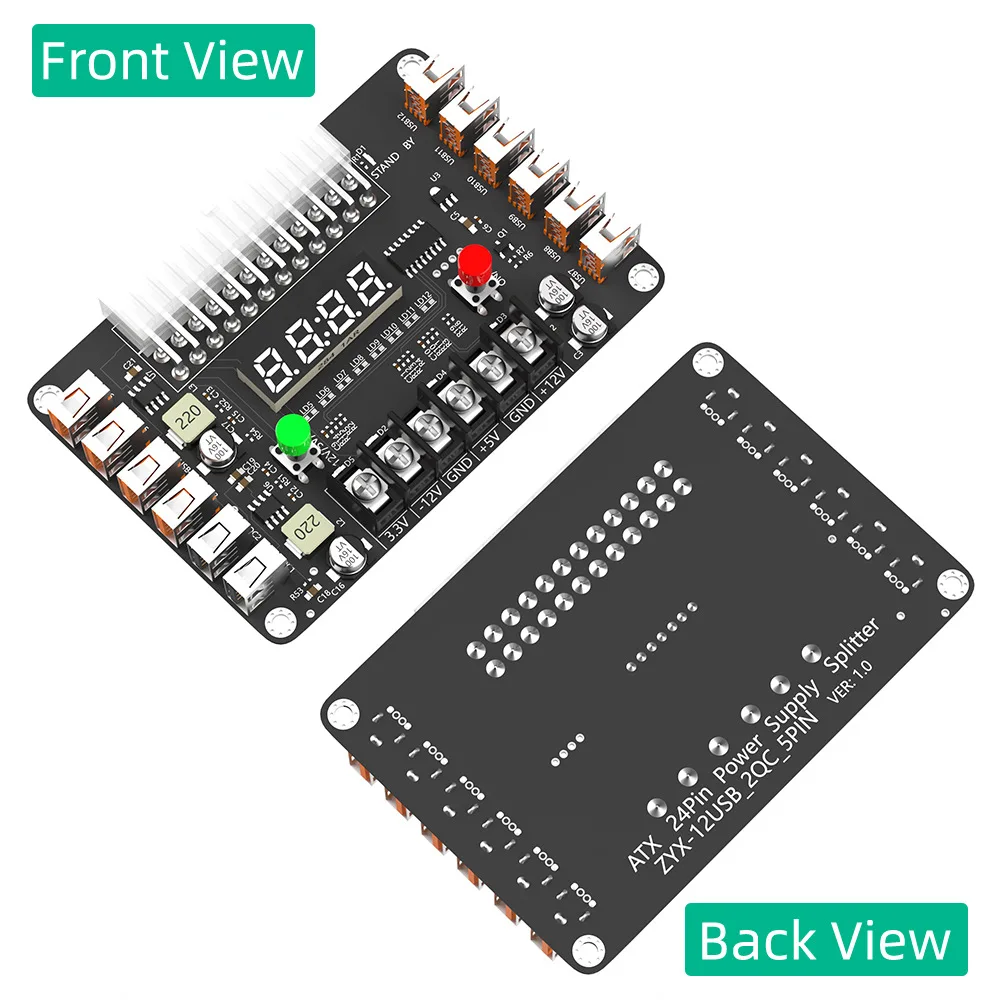 24Pin ATX to 12 Ports USB 2.0 Power Supply Breakout Board Module Adapter Connector Acrylic Case Kit 3.3/5/12/-12V Output Voltage