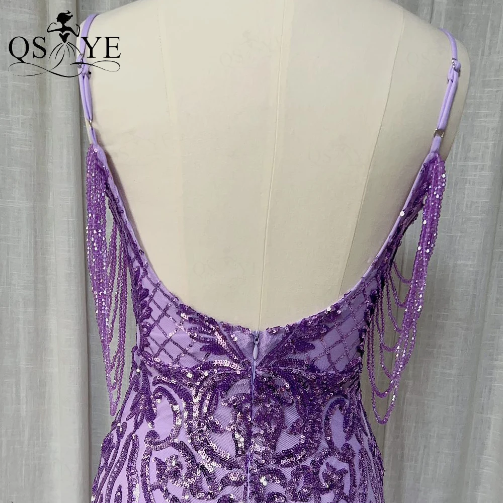 Robe de Soirée Violet en Dentelle à Paillettes et Manches Latérales, Tenue de Bal, Lavande, Bretelles Spaghetti, Dos Bas