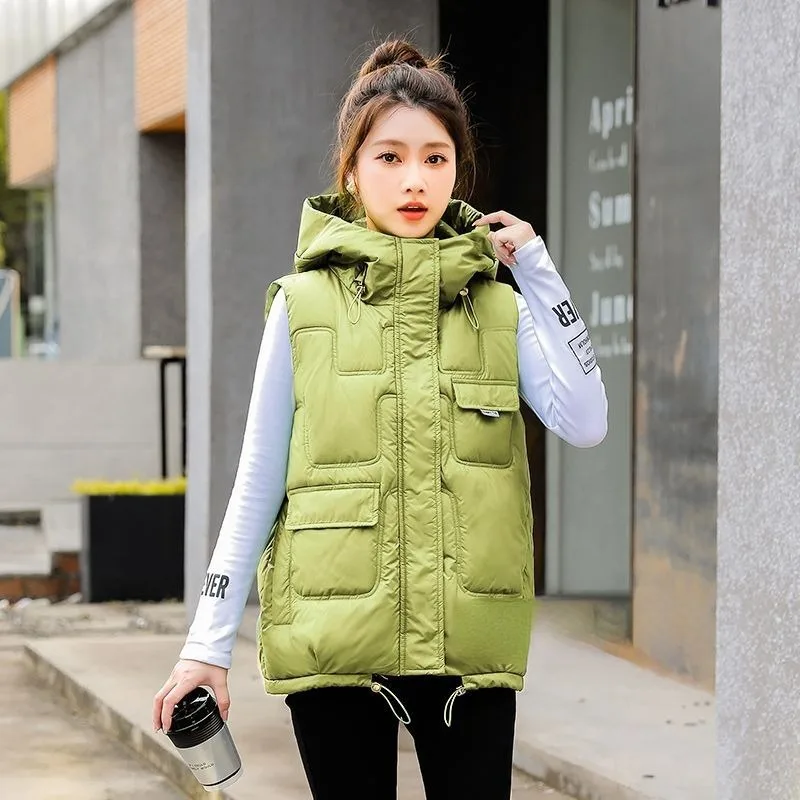 2023 New Wash-free Glossy Down Cotton Vest Women Autumn Winter Fashion Plus-size Vest Warm Short Waistcoat Hooded Weskit